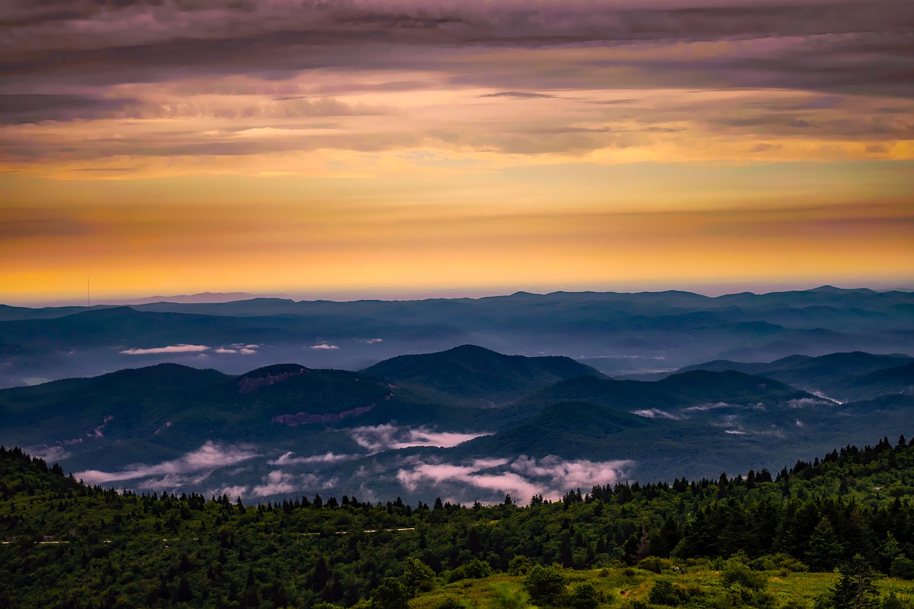 sunset, mountains